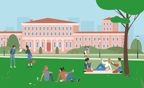 Education scene vector illustration. Cartoon young happy student characters sitting on summer park green grass together, girl boy teens studying near university or college building facade background